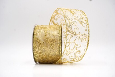 Cream Glitter Filigree Scroll Sheer Ribbon_KW0453G-2